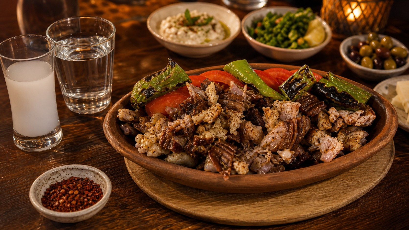 Kokoreç ve rakı kardeşliği yazısı için rakı sofrasında tabakta kokoreç